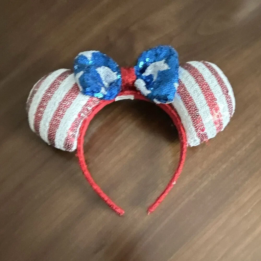 Disney Minnie Mouse USA Sequined Ears Bow Headband Striped Red/White/Blue